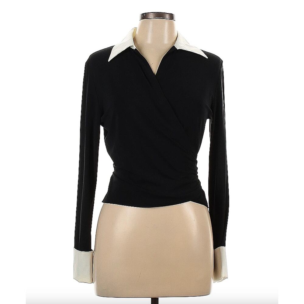 Lafayette 148 New York Black Wrap Blouse with White Collar - Picture 11 of 12